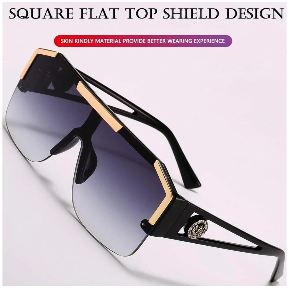 Black Gold Oversized Square Flat Top Shield Women Sunglasses Gradient Smoke Lens